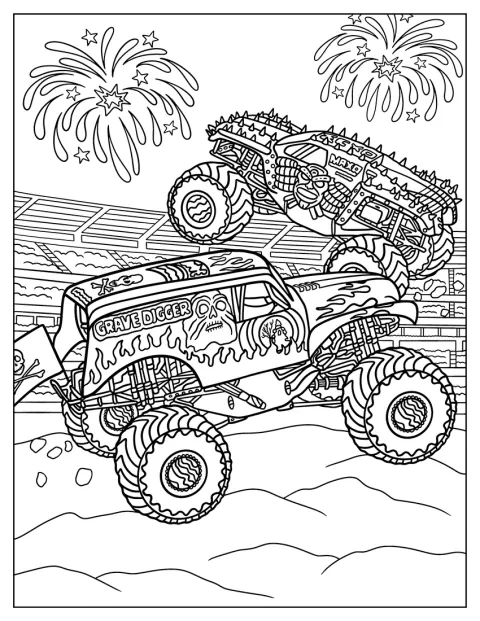 Grave Digger ajaa ilotulitusten loistaessa taivaalla.