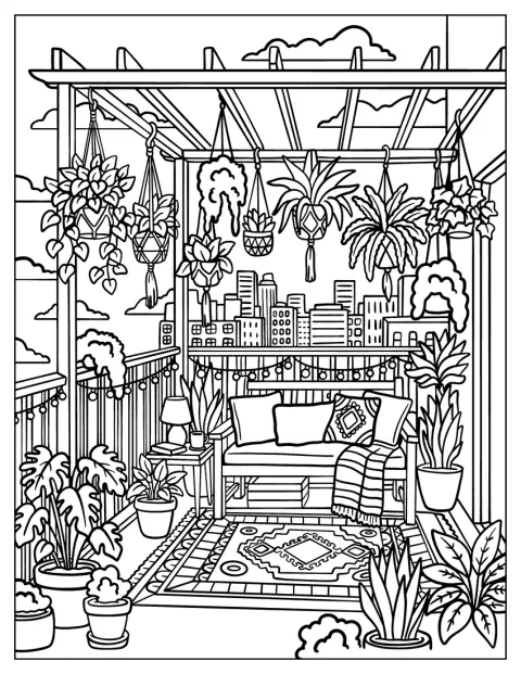 Piante sospese abbelliscono un balcone boho con vista sui palazzi della città.