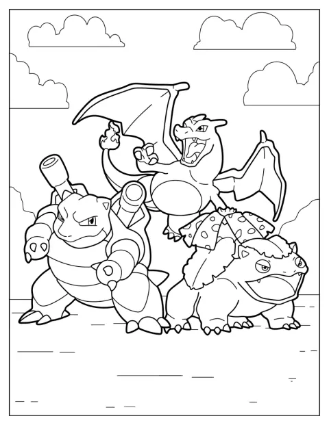 Charizard aparece junto a Blastoise y Venusaur.
