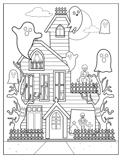 Små spöken svävar ut ur ett hemsökt hus.