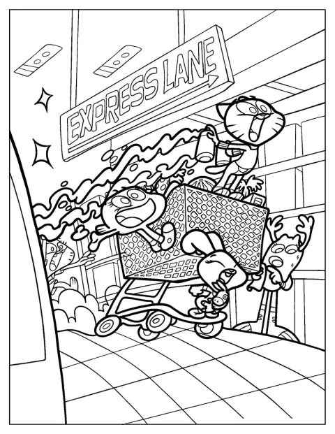 Gumball, Darwin y Anais juegan con un carrito de la compra.