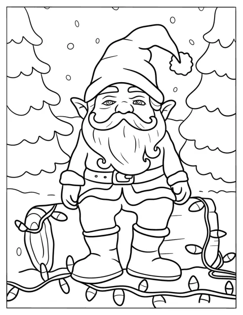 クリスマスライトの飾りのそばで、こびとが丸太に座っています。