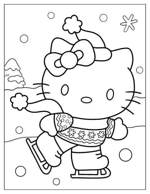 Hello Kitty glider fram på skridskor över isen en vinterdag.