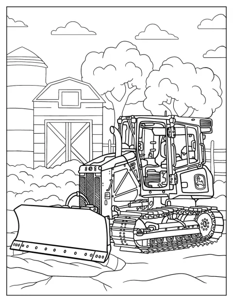 En detaljerad John Deere-bulldozer arbetar på en gård.