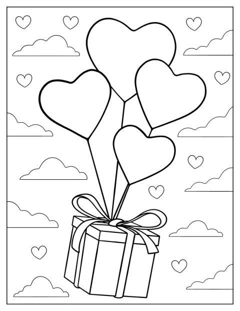 Des ballons en forme de cœur sont noués à un paquet cadeau.