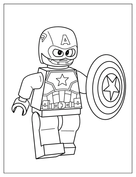 Figurka Kapitána Ameriky z kostek Lego drží svůj štít.