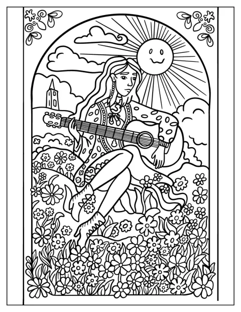 En hippiejente spiller gitar mens hun står på en blomstereng.