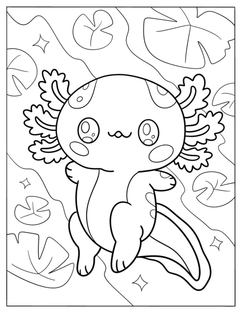 Roztomilý axolotl v chibi stylu plave ve vodě.