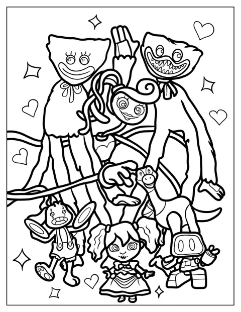 Mommy Long Legs, Huggy Wuggy, Kissy Missy, Poppy, Bron, Boogie Bot e Bunzo Bunny aparecem juntos.