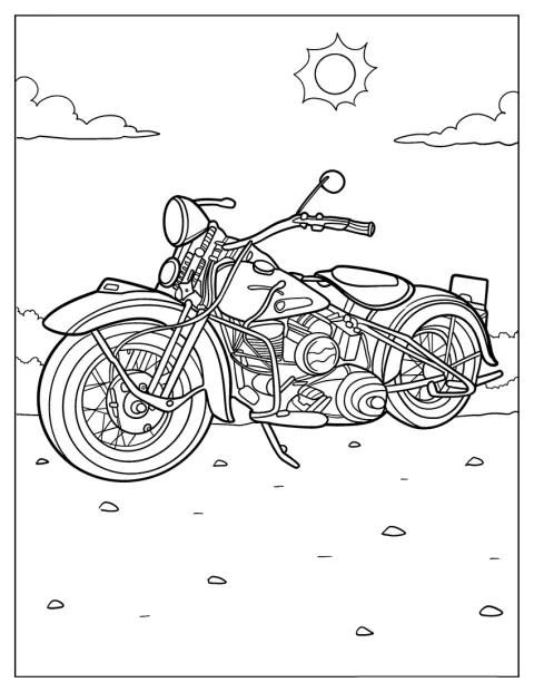 Een Harley Davidson uit 1941 staat onder een stralende zon.