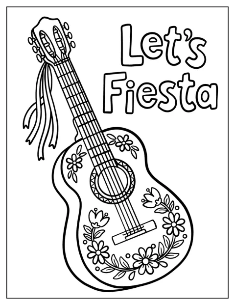 Virágokkal díszített gitár kíséri a Cinco de Mayo fiesta feliratát.