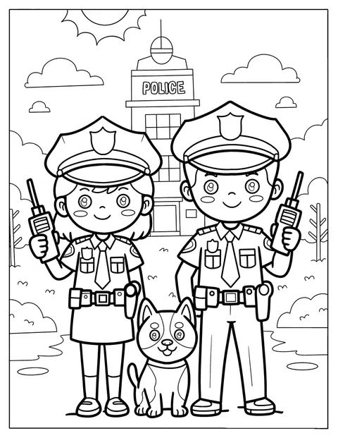 En pojke och en flicka i polisuniform står med en polishund framför polisstationen.