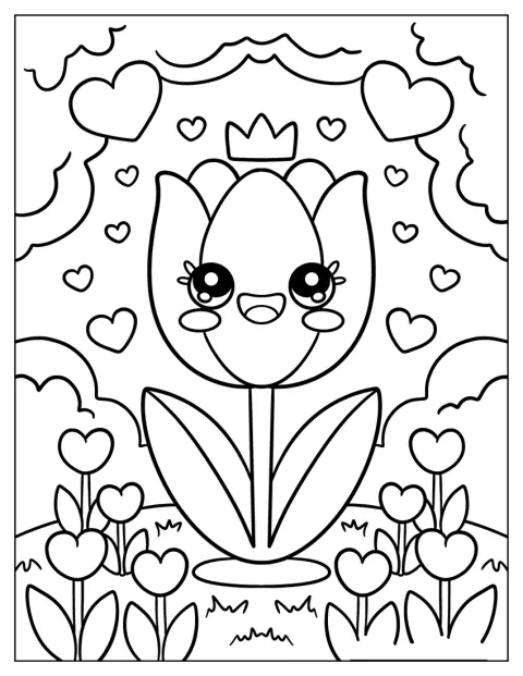 Una principessa tulipano kawaii è in un campo tra fiori a cuore e nuvole.