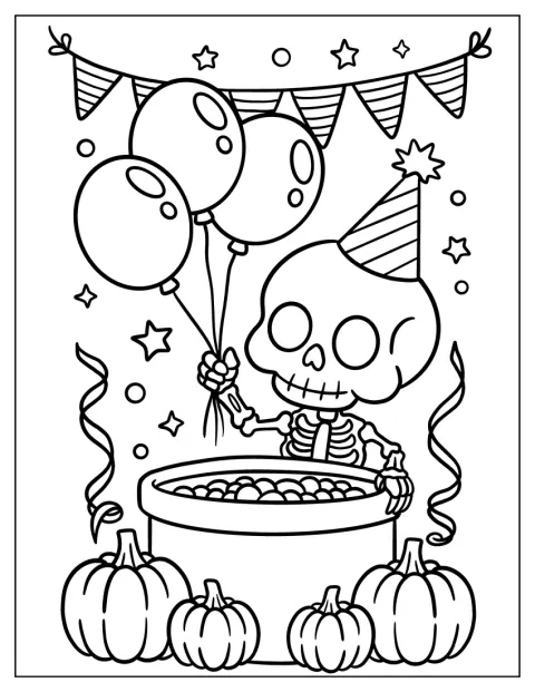 かわいいガイコツが、風船やカボチャに囲まれて誕生日を祝っています。