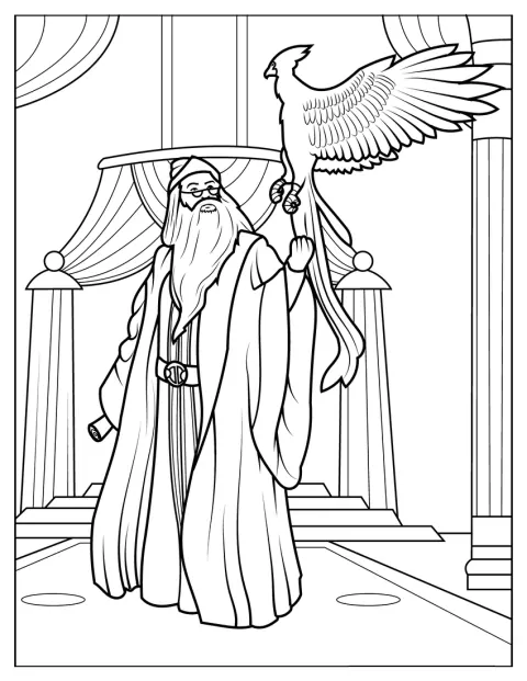 Albus Dumbledore tient un phénix dans ses bras.