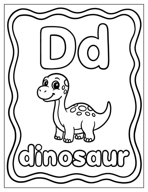 Um dinossauro adorável está junto à letra D.