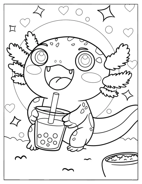 Ein niedlicher Axolotl trinkt genüsslich einen Boba-Tee.