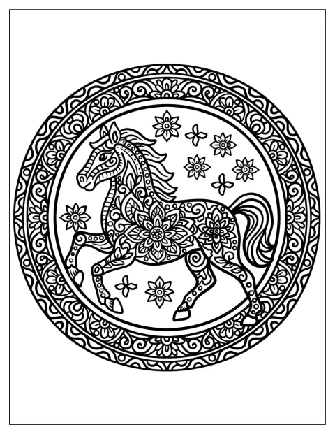 En häst och blommor pryder mitten av en detaljrik rund mandala.