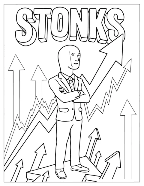 El personaje del meme Stonks está de pie junto a flechas que suben.