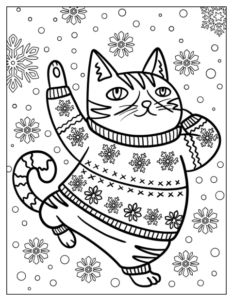 Un gato con jersey de copos baila mientras cae la nieve.