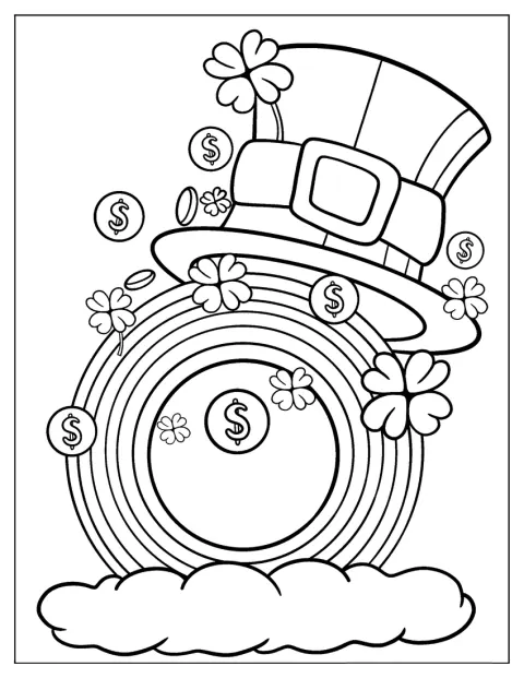 En leprechaunhatt står foran en hel regnbue.