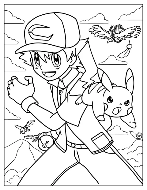 Ash se tient aux côtés de Pikachu dans l’univers Pokémon.