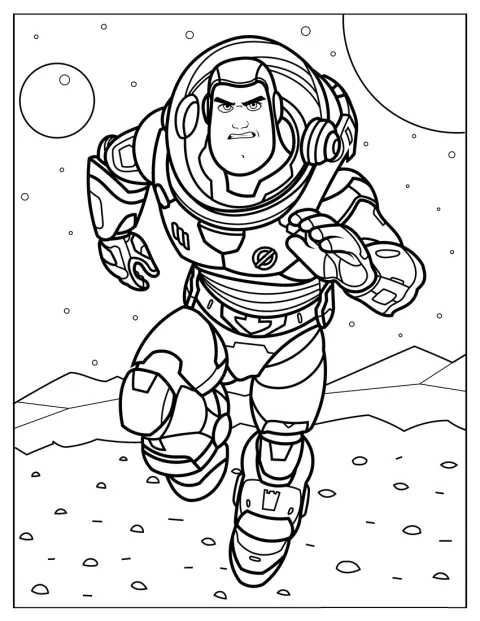 Buzz Lightyear corre pelo espaço, pronto para uma aventura.