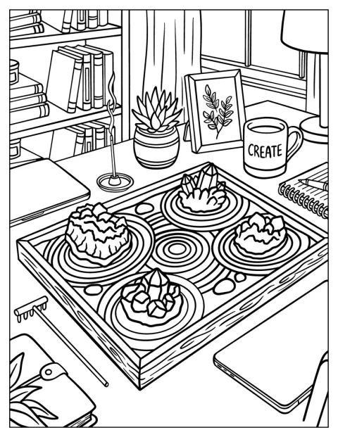 Un plateau rassemble une collection de cristaux, des géodes et des succulentes.