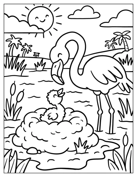 Une mère flamant rose sourit en baissant les yeux vers son poussin.