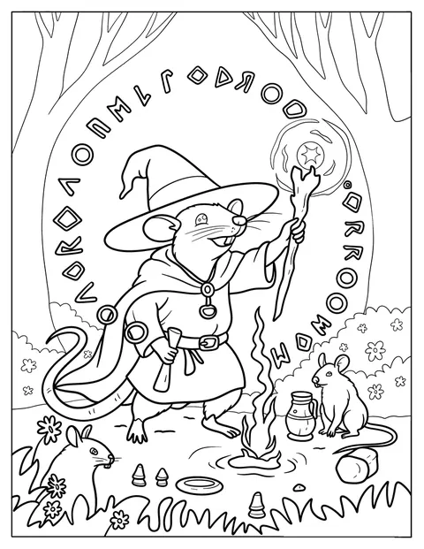 Wizard Rat Coloring Page Casting a Spell with a Glowing Staff in the Forest
