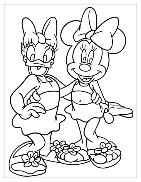 Paperina e Minni indossano i costumi da bagno in riva al mare.