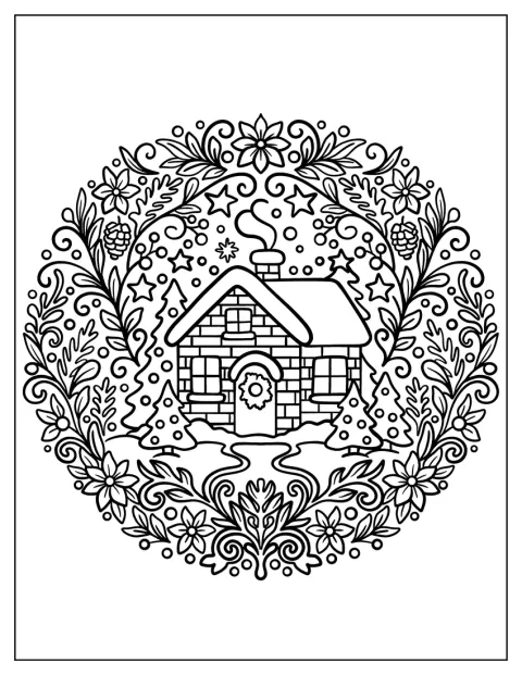 Ein kleines Winterhaus ist von Weihnachtssternen und Tannenzapfen umgeben.