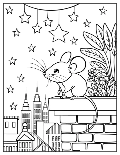 Depuis le rebord d’un toit-jardin, une souris contemple la ville.