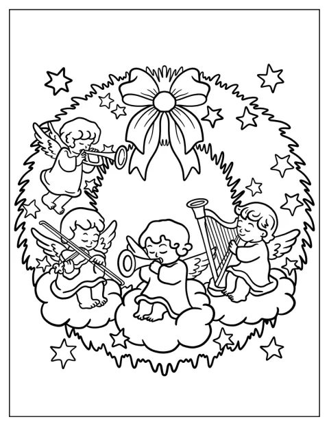 Zwei Engel spielen Trompete auf einem festlichen Weihnachtskranz.