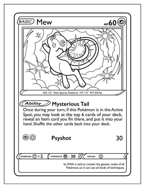 Mew vises på et Pokémon-kort med den lange halen sin.