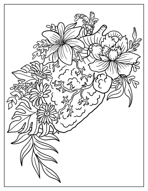 Flori delicate înconjoară o inimă desenată realist.