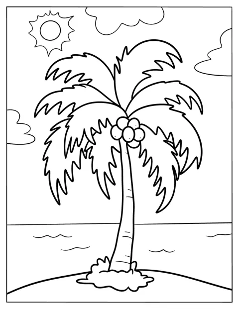 Una palmera alta muestra sus cocos entre las hojas.