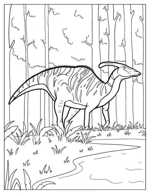 En Parasaurolophus går mellem træerne i en tæt skov.