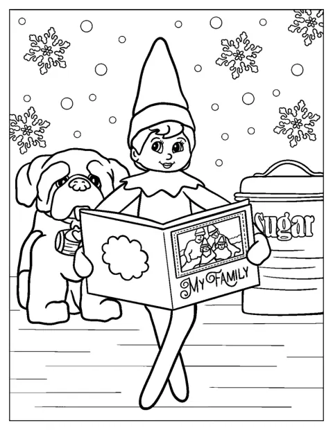 O Elf on the Shelf segura um postal junto a uma árvore de Natal.