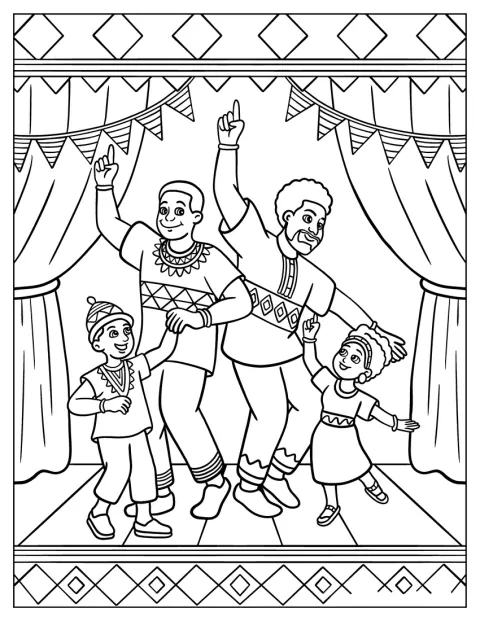 Perhe tanssii lavalla Juneteenth-juhlassa.