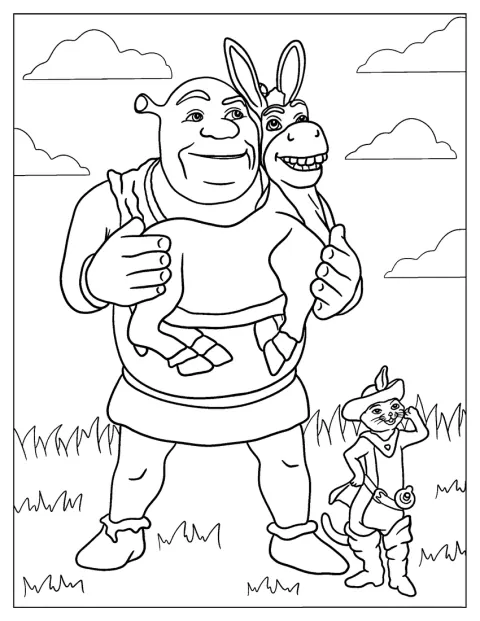 Shrek, Aasi ja Saapasjalkakissa seisovat yhdessä.