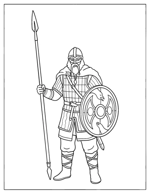 En enkel vikingakrigare håller ett spjut och en rund sköld.