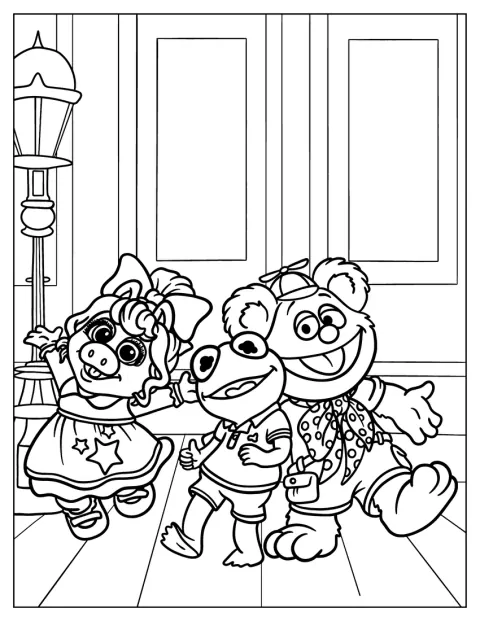 Baby Miss Piggy, Fozzie Bear og Kermit the Frog danser sammen.