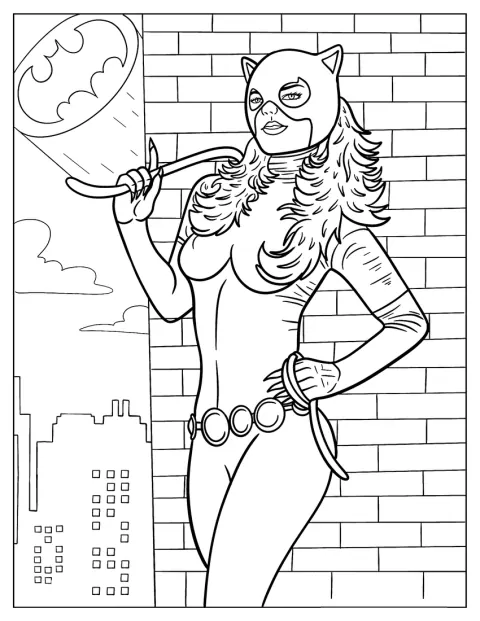 Selina Kyle Catwomanként egy sikátorban áll, miközben az égen feltűnik a denevérjel.
