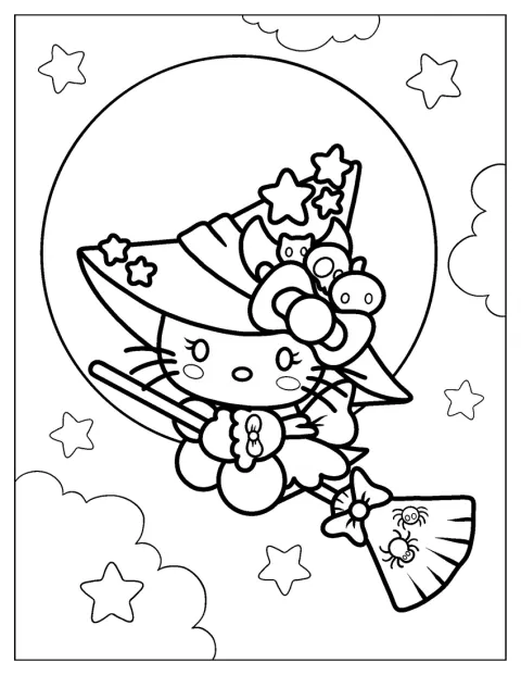 Hello Kitty verkleed als heks draagt een puntige hoed.