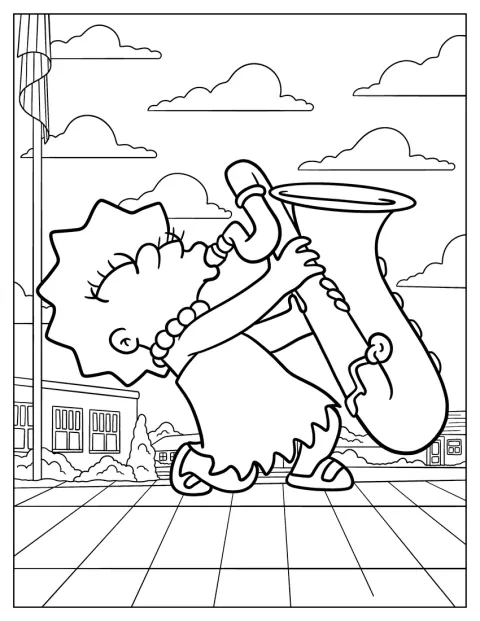Lisa Simpson speelt met een vrolijke blik op haar trompet.