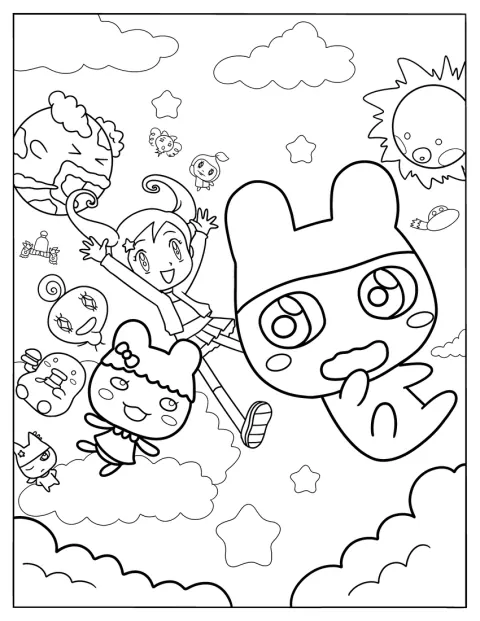 Mametchi, Tomomi en andere buitenaardse wezens vallen uit de lucht.