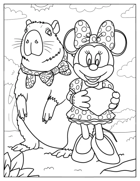 Minnie Mouse With A Capybara Coloring Page Wearing Matching Bows