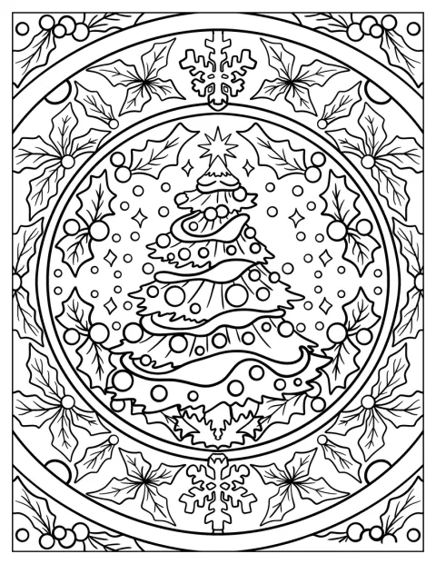 La nieve y el muérdago rodean un árbol de Navidad en este mandala.