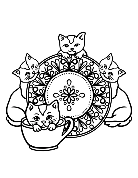 いくつもの猫が、中央のシンプルな曼荼羅を囲んでいます。